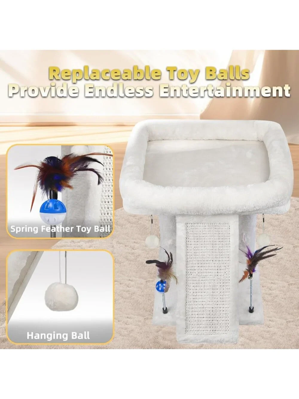 New Cat Tree Tower with Scratching Post Activity Center with Toy Balls - Beige